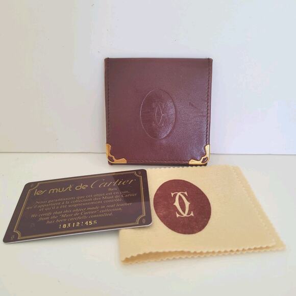Must De Cartier Mini Coin Holder Wallet Bordeaux Leather Small Red Burgundy Pouc - Picture 1 of 7